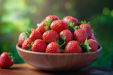 A wooden bowl filled with lots of ripe strawberries on a table