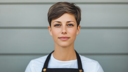 Confident woman in apron standing against a grey background, portraying professionalism and approachability in a modern work environment.