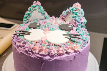 Pink cake decorated like a cartoon cat face