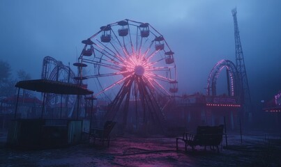 A deserted carnival at night with fog.