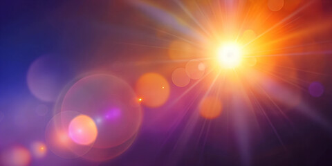 Fototapeta premium Bokeh sunlight glare leak. Defocused orange purple white light abstract background. Blur glow overlay surface. Lens flare filter. Copy space.