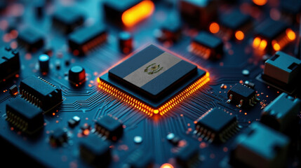 Obraz premium A microprocessor with the Guatemala flag is embedded on a circuit board, highlighted by glowing lights, showcasing influence in global semiconductor and computing technology.