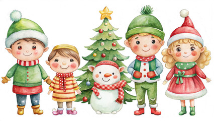 Illustration of Xmas costumes children dressed as Santa Claus and Christmas characters on transparent background for festive holiday themes.