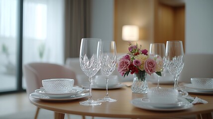An upscale dining area showcasing a beautifully set table with fine china, crystal glassware, and a floral centerpiece. The warm wood tones of the dining furniture contrast elegantly with the soft