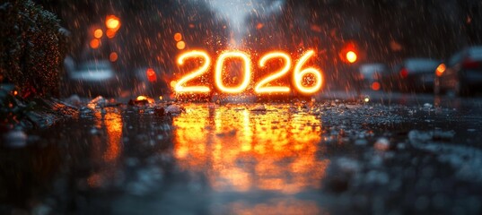 Glowing neon digits 2026 reflected on wet asphalt against blurred city lights and rain.