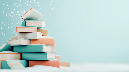Fototapeta premium A stack of books in a Christmas tree shape covered in snow against a blue background with white snow falling.