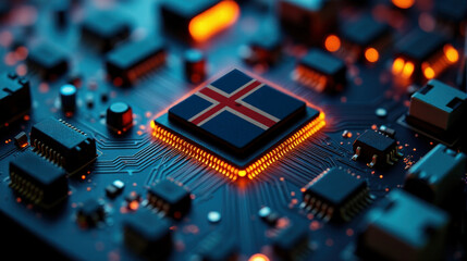 Obraz premium A microprocessor with the Iceland flag is embedded on a circuit board, highlighted by glowing lights, showcasing influence in global semiconductor and computing technology.