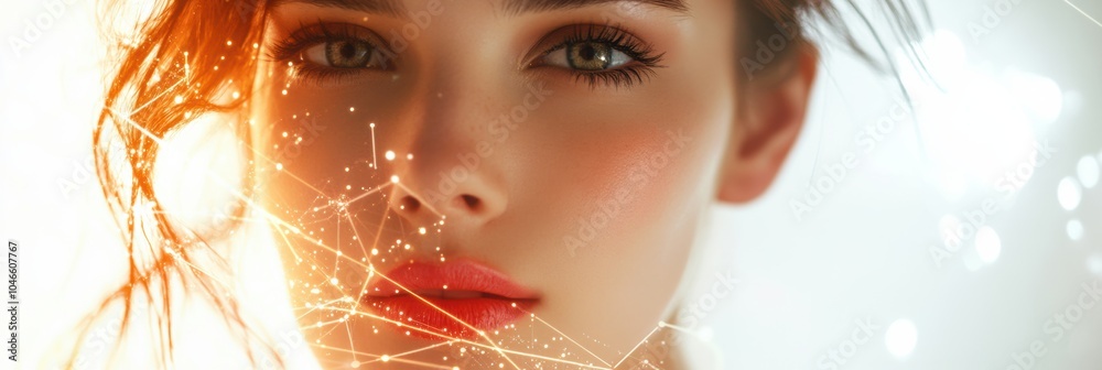 Fototapete the captivating young woman with striking features stands in front of a vibrant backdrop, showcasing