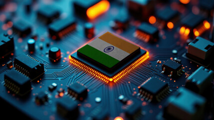 Fototapeta premium A microprocessor with the India flag is embedded on a circuit board, highlighted by glowing lights, showcasing influence in global semiconductor and computing technology.