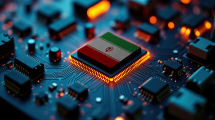 Obraz premium A microprocessor with the Iran flag is embedded on a circuit board, highlighted by glowing lights, showcasing influence in global semiconductor and computing technology.