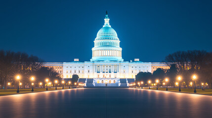 Fototapeta premium Illuminated Capitol building at night with vibrant lights reflecting on the water, showcasing an iconic symbol of democracy and governance.