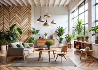 Minimalist Modern Interior Design with Geometric Patterns and Natural Elements for Elegant Spaces, Stylish Decor, and Tranquil Ambiance in Contemporary Living Environments