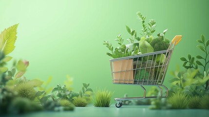 Sustainable Shopping Cart Filled with Plants