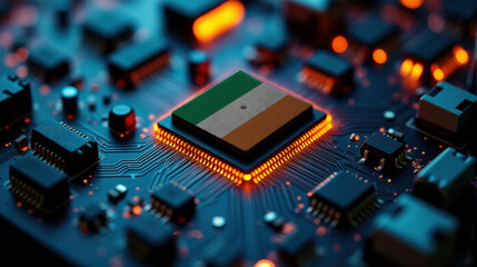 Fototapeta premium A microprocessor with the Irish flag is embedded on a circuit board, highlighted by glowing lights, showcasing influence in global semiconductor and computing technology.