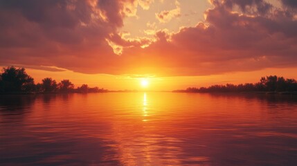 A deep orange sunset over a calm river.