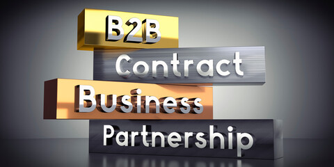 B2B, contract, business, partnership - words on metal blocks - 3D illustration