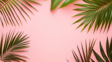 Photo of, Pink background with minimalist palm leaf motifs for design, banner template