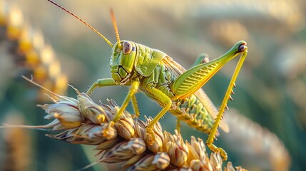 A locust sitting on a wheat spike, voraciously eating the harvest and causing damage to crops.