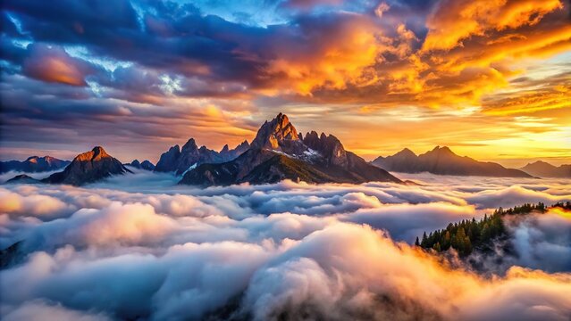 Sunset in the mountains with towering peaks and rolling clouds
