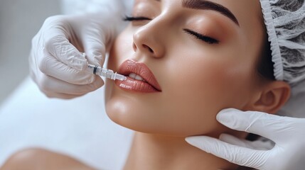 A professional administers a hyaluronic acid injection to enhance the woman&rsquo;s lips, focusing on skin rejuvenation in a clinical setting. Generative AI