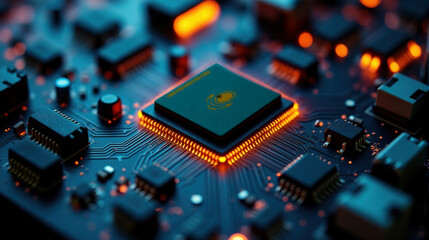 Fototapeta premium A microprocessor with the Kazakhstan flag is embedded on a circuit board, highlighted by glowing lights, showcasing influence in global semiconductor and computing technology.