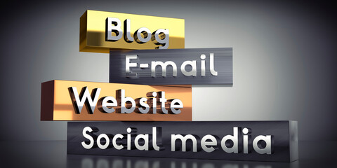 Blog, e-mails, website, social media - words on metal blocks - 3D illustration