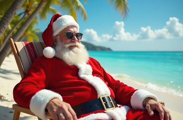 Santa Relaxing on a Tropical Beach in Summer with Sunglasses and Santa Suit