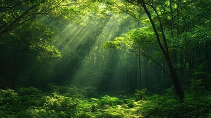 Obraz premium Sunbeams Illuminating a Lush Forest