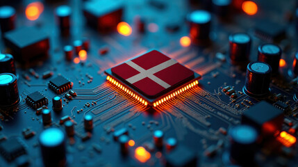 A Denmark flagged microchip is centered on a circuit board, surrounded by illuminated components, symbolizing role in semiconductor innovation and technology leadership.