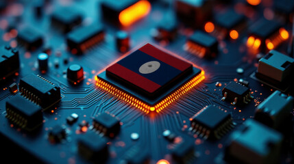 Fototapeta premium A microprocessor with the Laos flag is embedded on a circuit board, highlighted by glowing lights, showcasing influence in global semiconductor and computing technology.