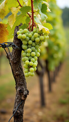 Naklejka premium Bunch of grapes against the background of a vineyard (vertical photo).