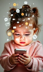 Toddler using smartphone surrounded by digital communication icons, reflecting premature addiction