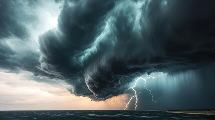 Dramatic storm clouds over ocean with lightning strikes, showcasing nature's fury.