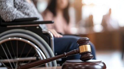 A gavel rests on a wooden surface next to a person in a wheelchair, symbolizing themes of justice and accessibility in legal settings.