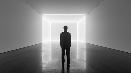 Obraz premium A lone man stands in a white room illuminated by a bright light source in the back wall. 