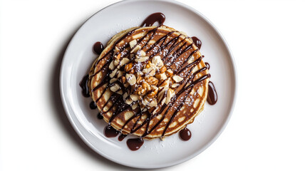 A top-down photo of a plate of pancakes drizzled with chocolate syrup and topped with nuts, set against a white background.