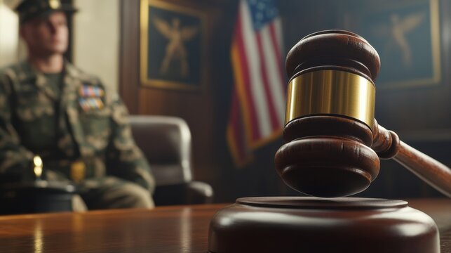 A gavel sits prominently on a table with a military officer in the background, symbolizing justice and authority in a courtroom setting.