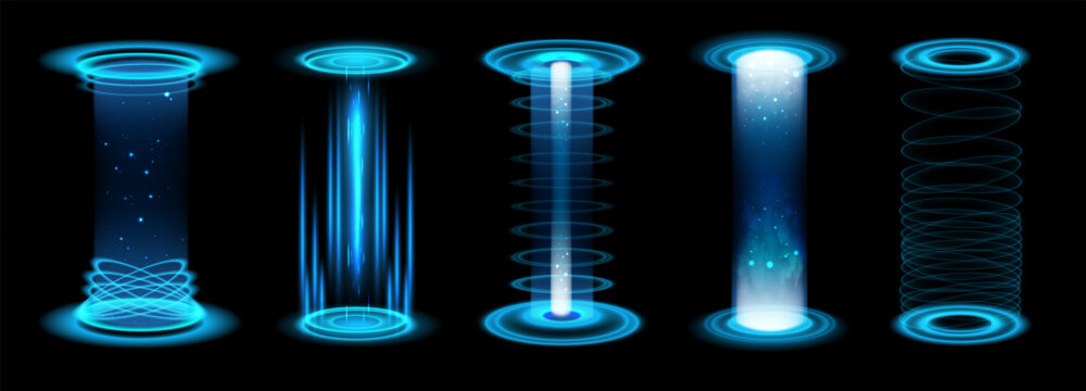Light realistic portal. Level up blue futuristic neon glow beam power game stage with vortex, teleport podium. HUD portals energy with blue rays. 3D tech vector isolated set.
