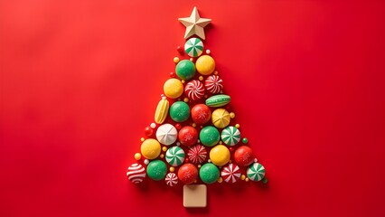 Christmas card. Christmas tree made from colorful candy canes, image on a red background