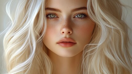 Naklejka premium A close-up portrait of a young Caucasian woman with wavy blonde hair and striking green eyes, exuding natural beauty.