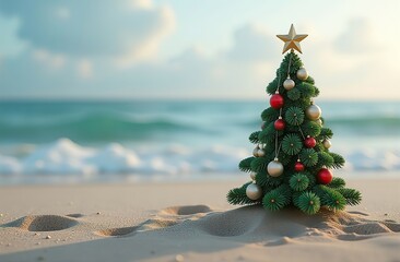 Christmas tree decorations on sea beach sand