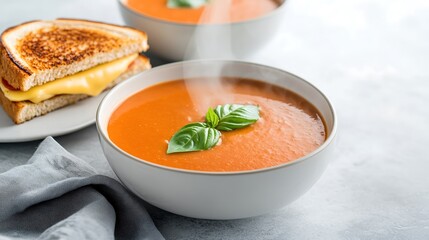 A inviting bowl of creamy tomato soup, garnished with a basil leaf and accompanied by a perfectly grilled cheese sandwich. The steam rising from the soup creates a sense of warmth and comfort, while