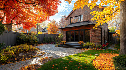 Obraz premium A brick and wood suburban home backyard garden with colorful autumn trees