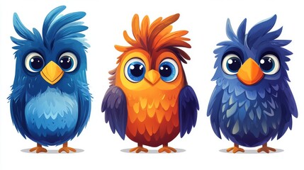 Fototapeta premium Three cute and colorful cartoon birds with big eyes and fluffy feathers, showcasing a range of vibrant colors.