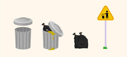 vector illustration of round iron trash can, trash can, dirty, used goods.