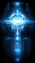 A futuristic glowing blue circle with digital lines and a bright light in the center.