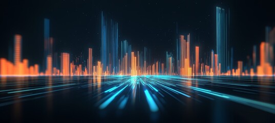 Futuristic Smart City at Night with Light Trails, Digital Cityscape with Glowing Buildings