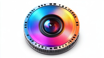 Close-up of a colorful camera lens, showcasing vibrant hues reflecting off its surface.