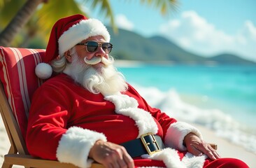 Santa Relaxing on a Tropical Beach in Summer with Sunglasses and Santa Suit