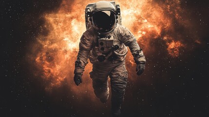 Fototapeta premium An astronaut floats through the cosmos, surrounded by vibrant nebulae and stars, capturing the vastness of space.